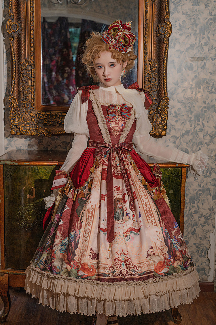 Red [Kaleidoscope of Dreams] Sleeveless Double-Layered Print Embroidery Bowknot Classic Vintage Gorgeous Lolita Jsk Dress - Product - 7
