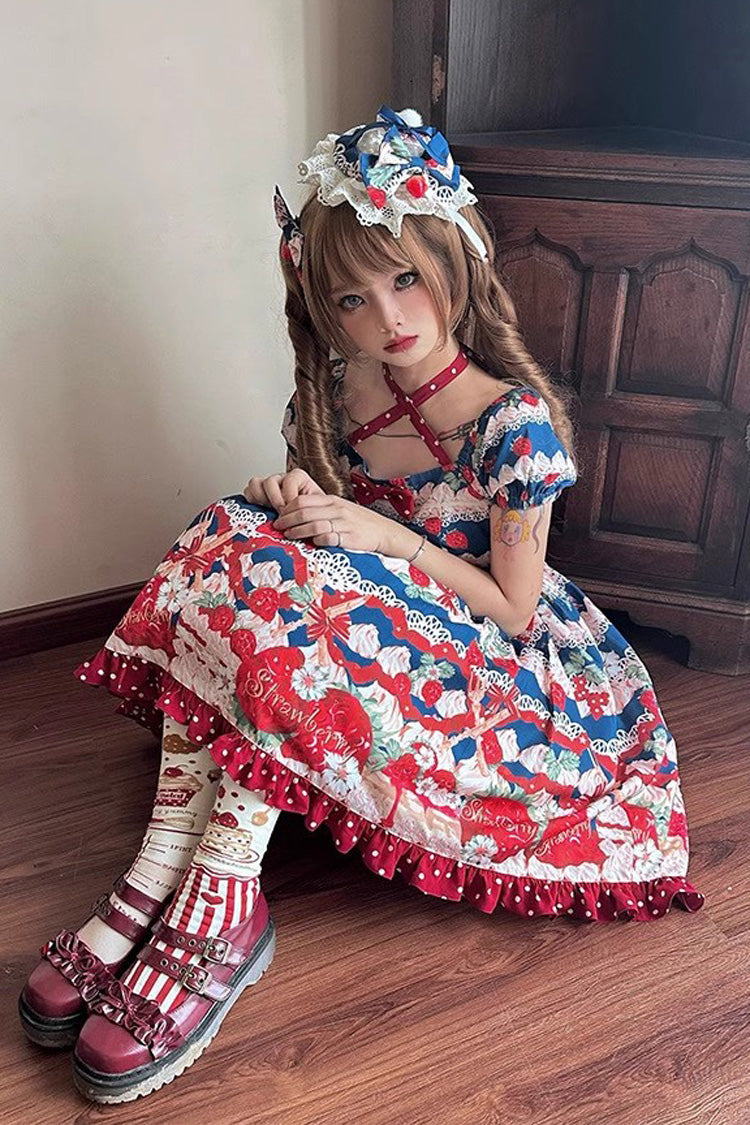 Cream Berry Fairy Red/Blue Short Sleeves Print Ruffle Bowknot Sweet Lolita Dress - Product - 4