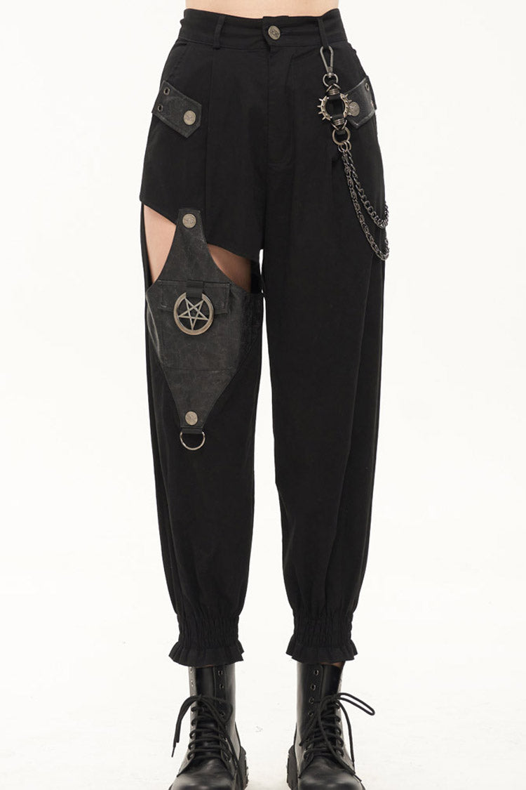 Black Punk Cutout Leather Splicing Detachable Metal Chain Women's Long Pants - Product - 2
