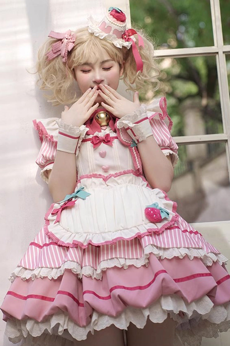 Pink [Berry Bubbles] Stripe Print Ruffle Bowknot Lace Sweet Lolita Dress - Product - 7