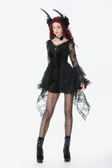 Black Trumpet Sleeves Multi-Layered Lace Velvet Embroidered Lace-Up Women's Gothic Dress - Product - 7