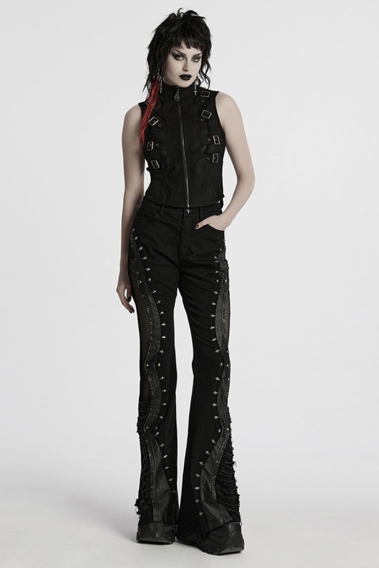 Black Stand Collar Stitching Mesh Buckle Women's Punk Vest - Product - 4