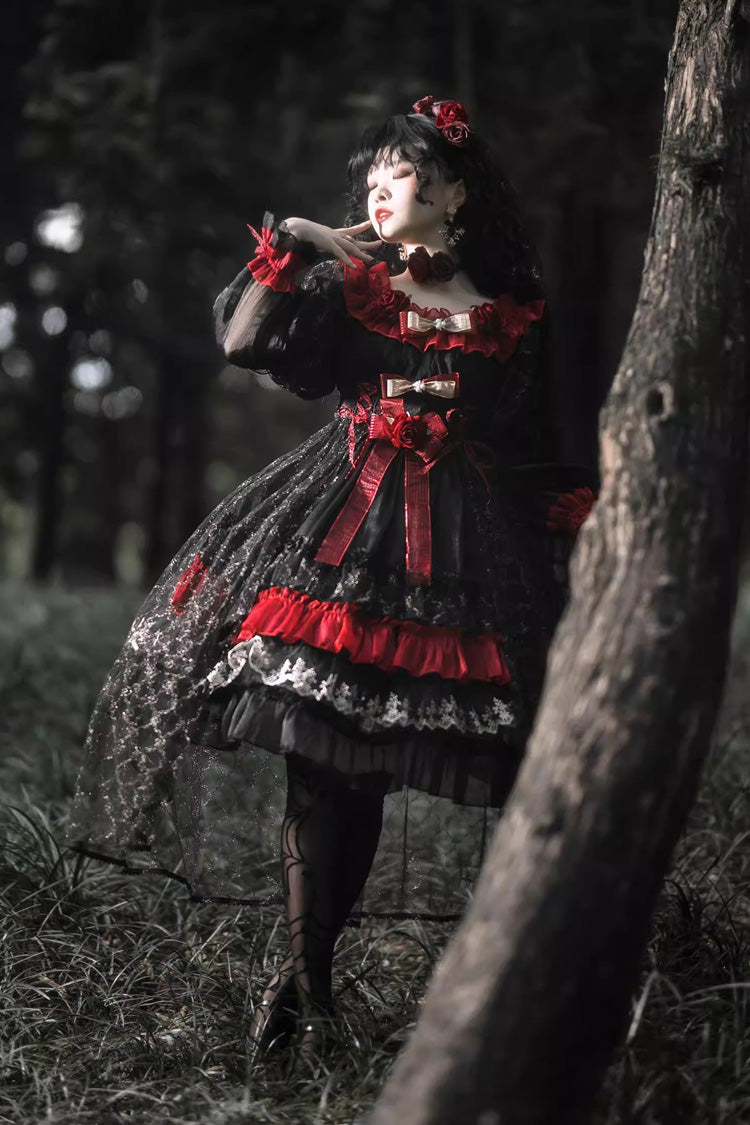 Black/Red [Perlia’s Night] Long Puff Sleeves Ruffled Open-Front Bow Lace Gothic Lolita Dress - Product - 4