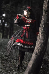 Black/Red [Perlia’s Night] Long Puff Sleeves Ruffled Open-Front Bow Lace Gothic Lolita Dress - Product - 4