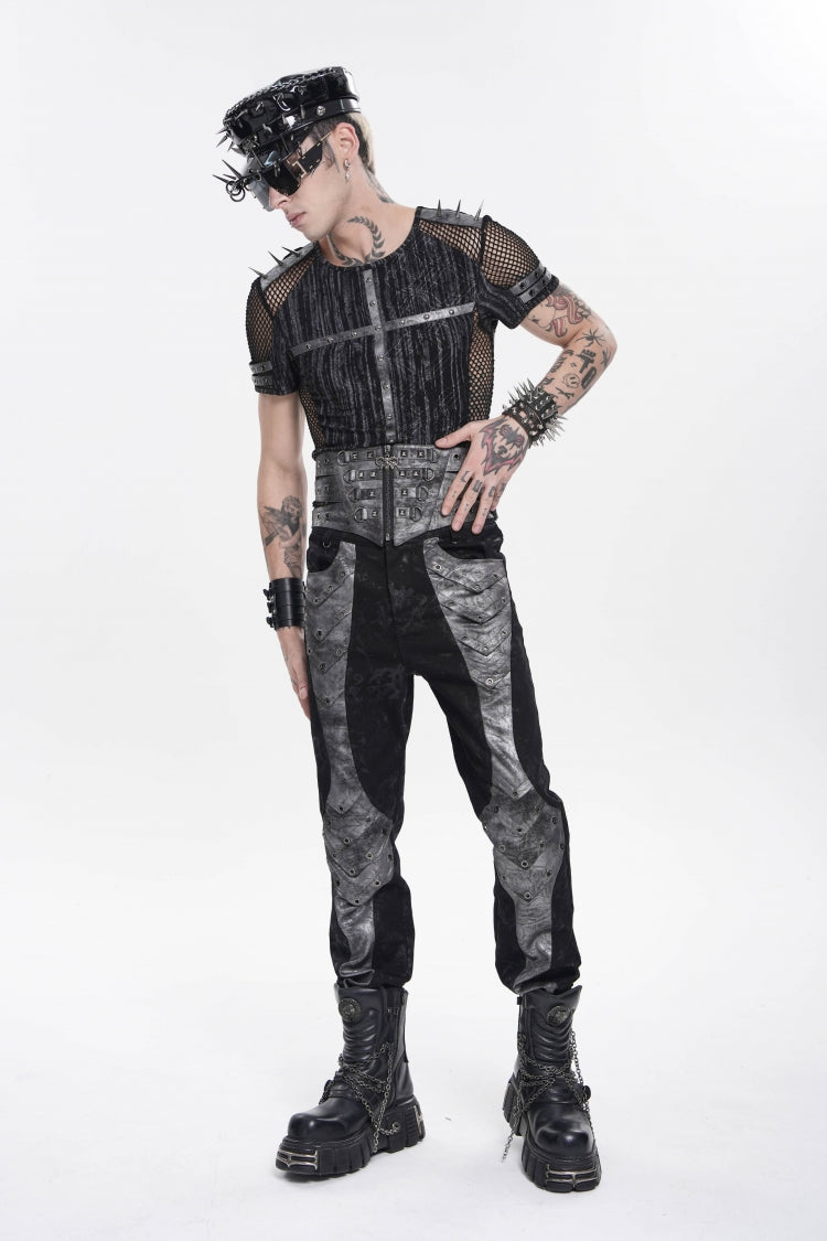 Black Multi-Layered Studded Zippered Eyelet Men's Punk Cool  Girdle - Product - 9