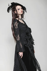 Black Long Flared Sleeves Lace Trimmed Lace-Up Women's Gothic Elegant Robe - Product - 7