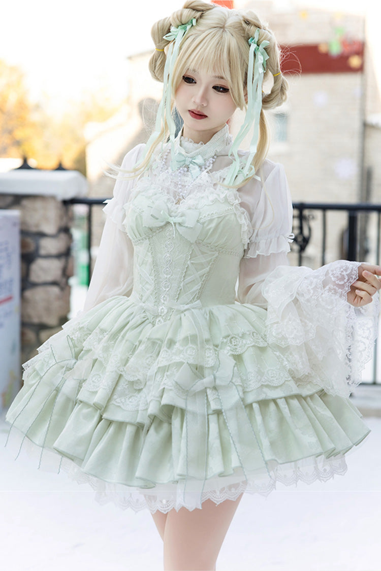 Light Green Halterneck Double-Layered Jacquard Ruffle Bowknot Lace Sweet Ballet Lolita Jsk Dress - Green - 1