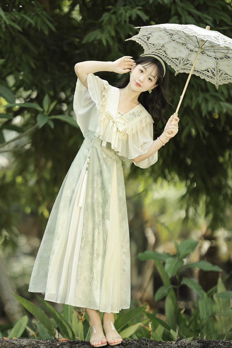Green/Apricot [Green Grapes] High Waisted Printed Women's Daily Sweet Hanfu Dress Set - Product - 4