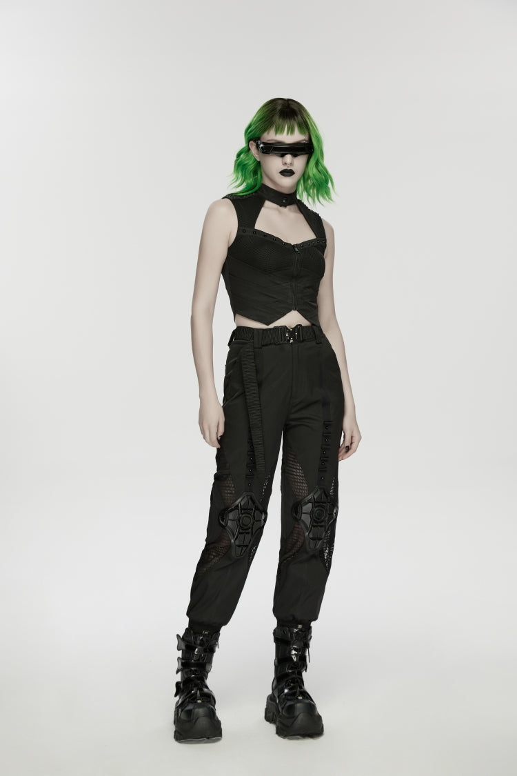 Black Women's Punk Handsome Buckle-up Studded Mesh Cargo Pants - Product - 6