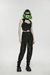 Black Women's Punk Handsome Buckle-up Studded Mesh Cargo Pants - Product - 6