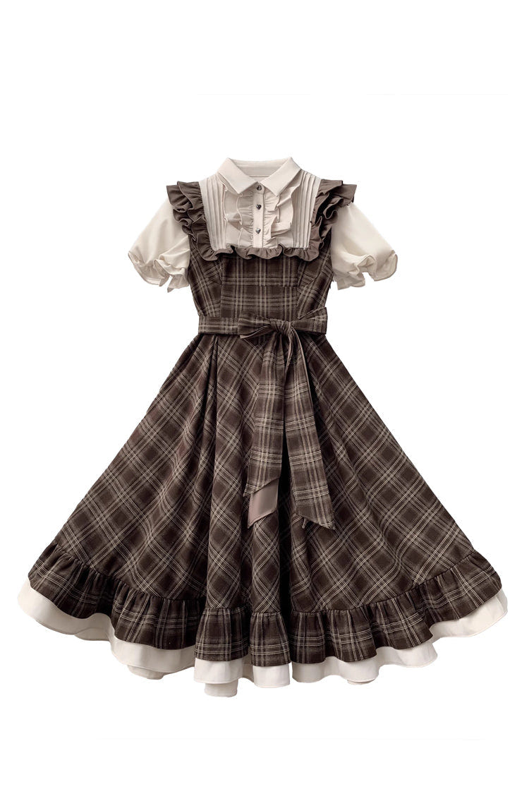 Brown [The Thames at Dusk] Print Short Sleeves Ruffle Bowknot Fake Two Pieces Vintage Lolita Dress - Product - 3