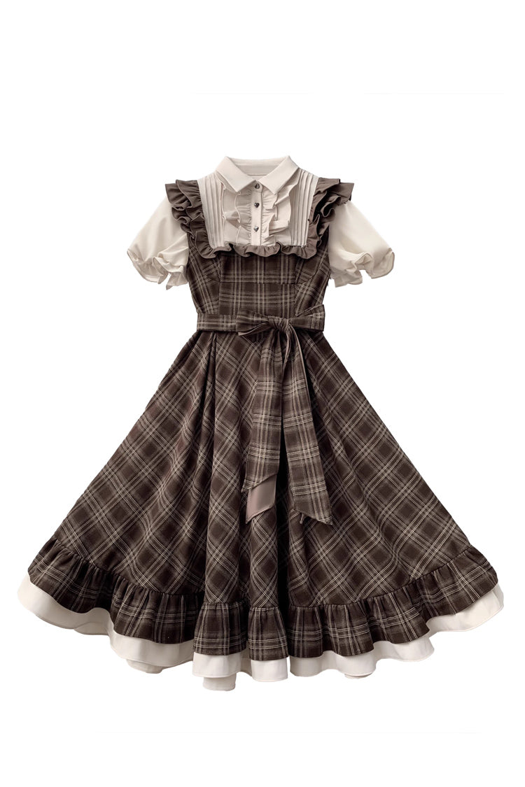 Brown [The Thames at Dusk] Print Short Sleeves Ruffle Bowknot Fake Two Pieces Vintage Lolita Dress - Product - 3