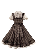 Brown [The Thames at Dusk] Print Short Sleeves Ruffle Bowknot Fake Two Pieces Vintage Lolita Dress - Product - 3