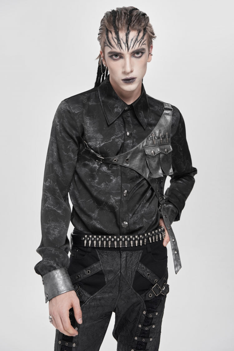 Black Long Sleeves Print Stitching Asymmetric Bullet Men's Punk Blouse - Product - 2