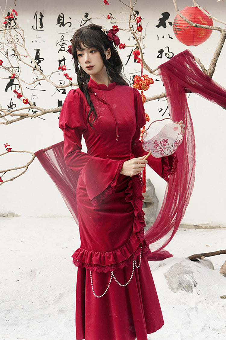 Red Long Sleeves Ruffle Embroidery Bowknot Lace Classic Chinese Style Elegant Lolita Dress - Product - 6