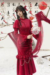 Red Long Sleeves Ruffle Embroidery Bowknot Lace Classic Chinese Style Elegant Lolita Dress - Product - 6