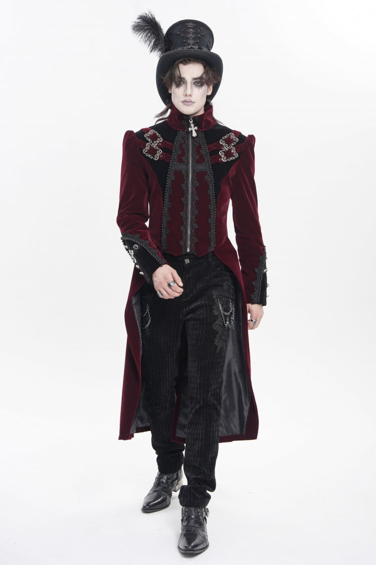 Red Stand Collar Long Sleeves Embroidered Color-Blocked Buckled Zippered Men's Gothic Palace Jacket - Product - 6