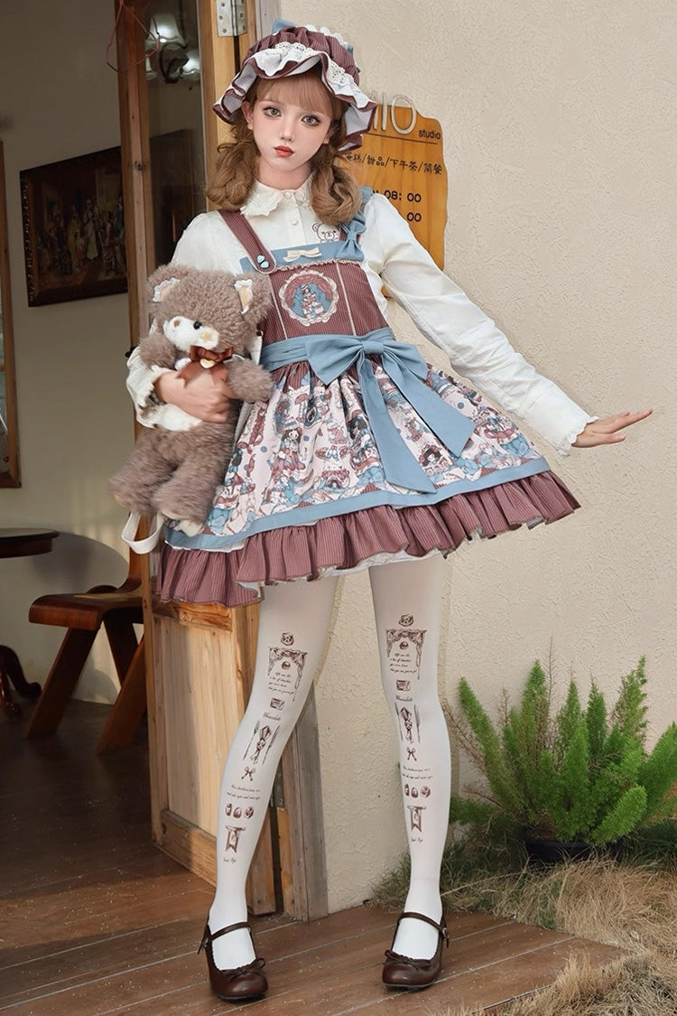 Brown Doll Print Ruffle Bowknot Sweet Lolita Strap Dress - Product - 2