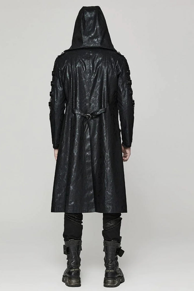 Black Crackled Mesh Hollow Stitching Hooded Mens Steampunk Coat - Product - 4