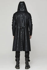 Black Crackled Mesh Hollow Stitching Hooded Mens Steampunk Coat - Product - 4