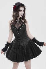 Black Off Shoulder Sleeveless Printed Spliced Lace Lace-Up Pleated Women's Gothic Dress - Product - 12