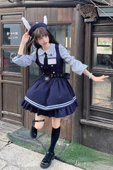 Blue [Rabbit Officer] Long Sleeves Printed Ruffled Faux Two-Piece College Style Sweet Lolita Dress - Product - 10