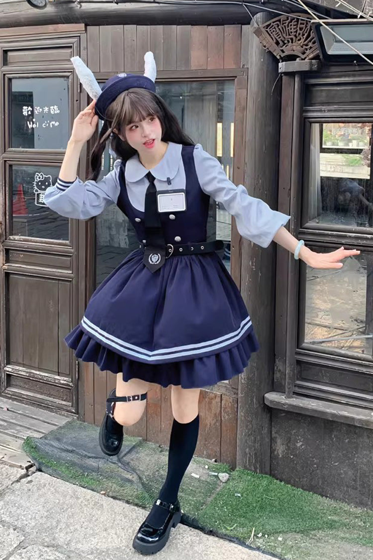 Blue [Rabbit Officer] Long Sleeves Printed Ruffled Faux Two-Piece College Style Sweet Lolita Dress - Product - 10