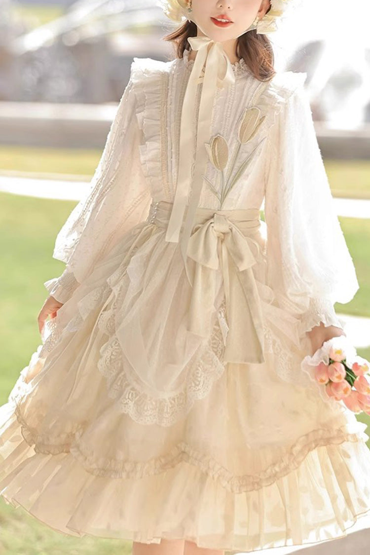 Ivory Stand Collar Long Sleeves Print Ruffle Sweet Princess Lolita Dress - Ivory - 1