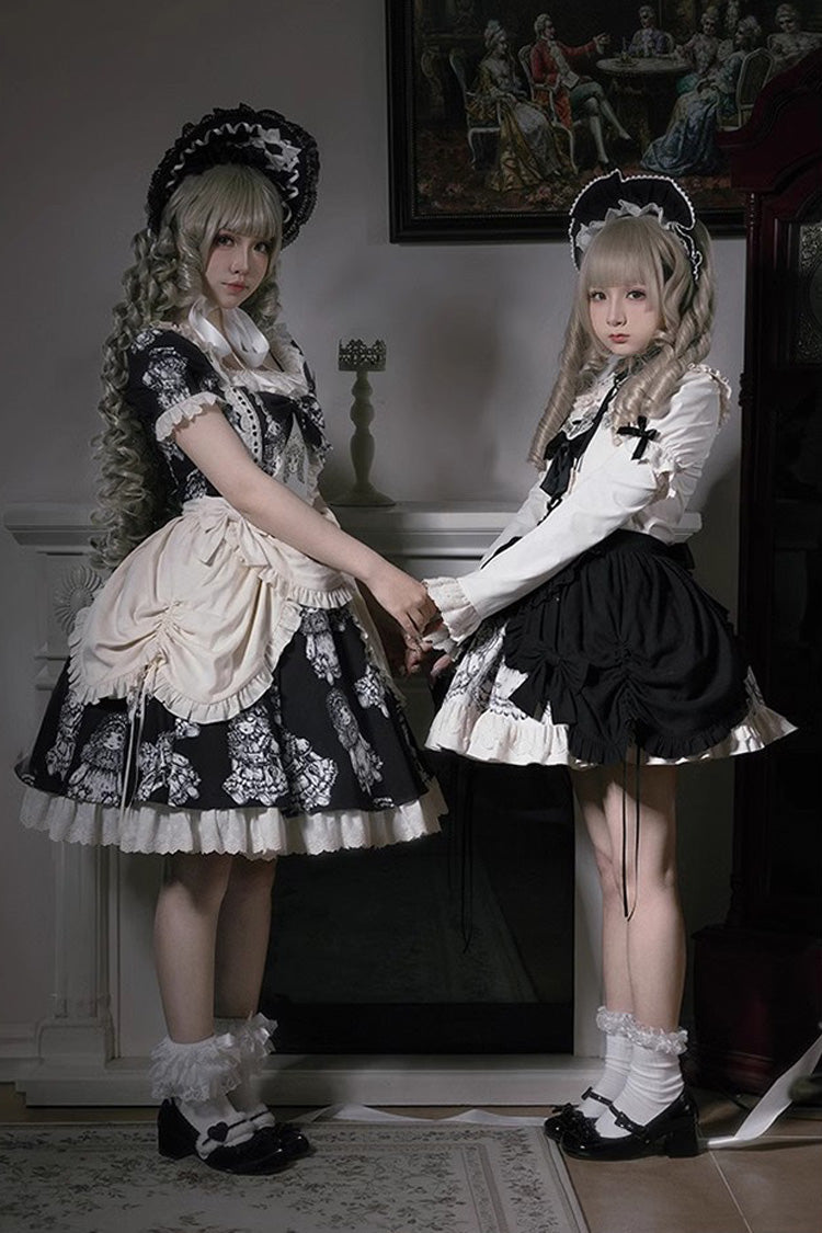 Doll Night Short Sleeves Print Ruffle Embroidery Bowknot Gothic Lolita Dress 2 Colors - Product - 10