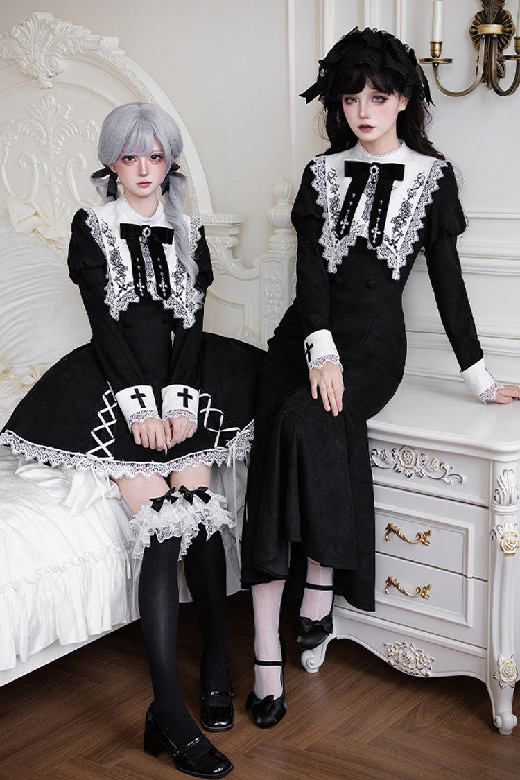 Black/White [Rose Doll] Square Collar Long Sleeves Bowknot Lace-Up Gothic Lolita Dress Set 2 Versions - Product - 7