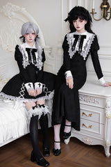Black/White [Rose Doll] Square Collar Long Sleeves Bowknot Lace-Up Gothic Lolita Dress Set 2 Versions - Product - 7