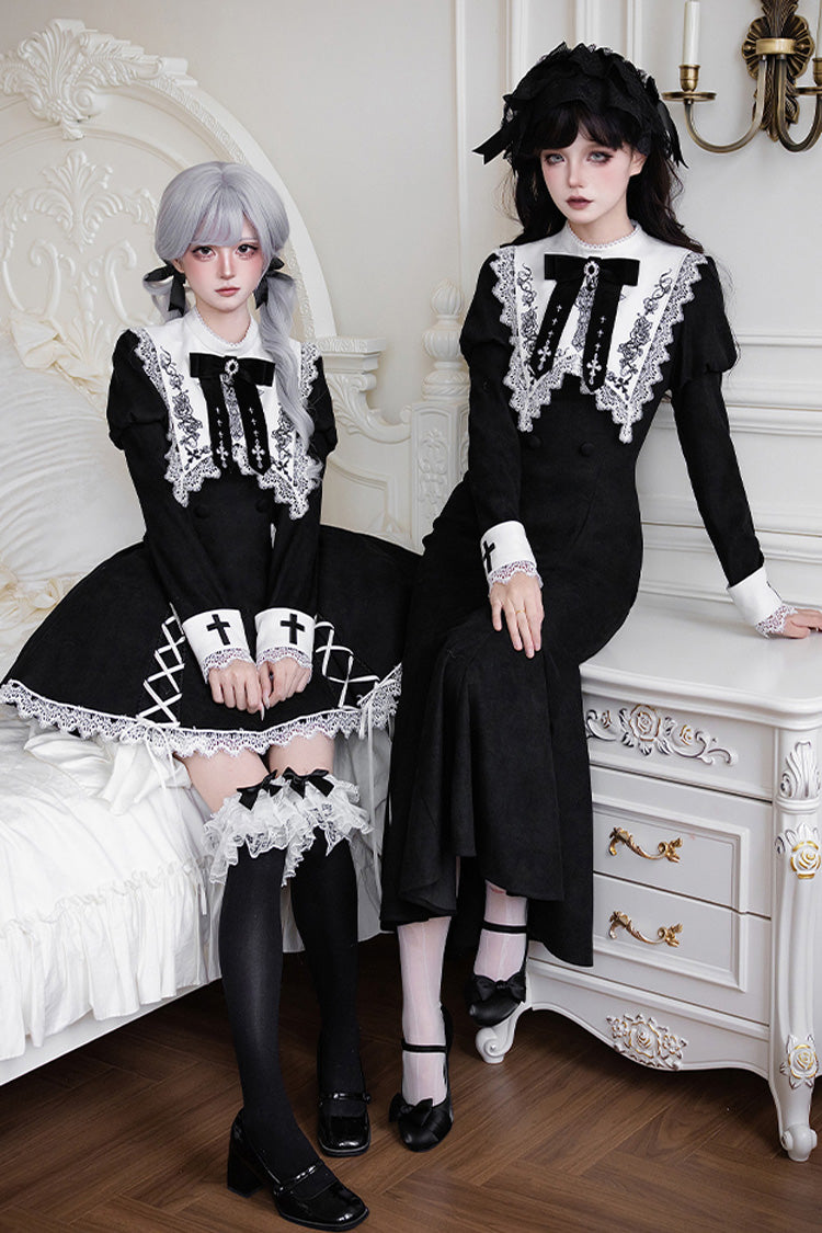 Black/White [Rose Doll] Square Collar Long Sleeves Bowknot Lace-Up Gothic Lolita Dress Set 2 Versions - Product - 7
