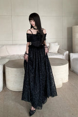 Black [Swan] Off Shoulder Jacquard Embroidered Bow Gothic Lolita Jsk Dress - Product - 5