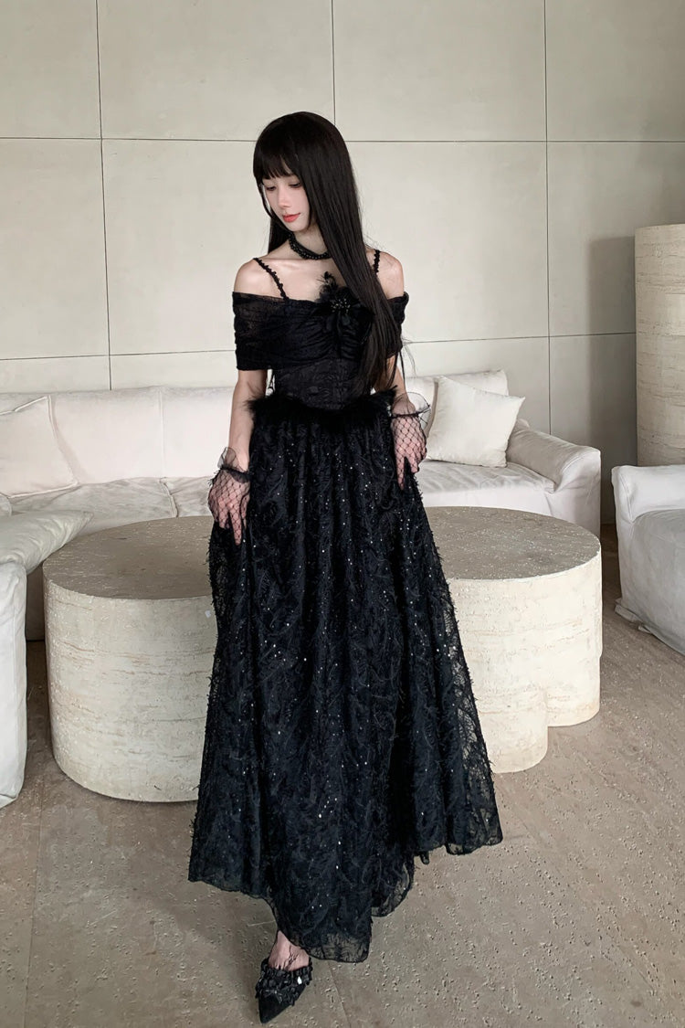 Black [Swan] Off Shoulder Jacquard Embroidered Bow Gothic Lolita Jsk Dress - Product - 5