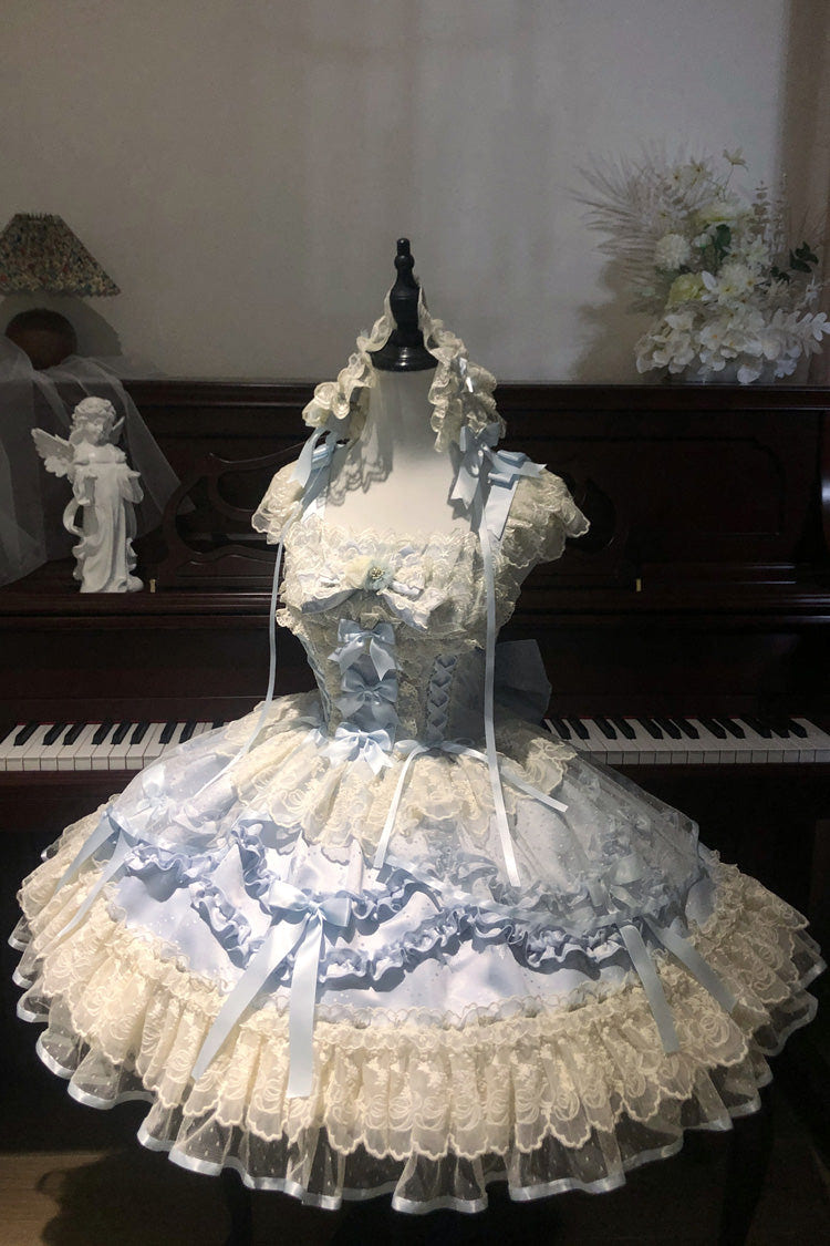 ブルー [Dreaming Butterfly] ティアード ジャカード フリル リボン レース スウィートプリンセスロリータ ジャンパースカート（JSK） 商品画像