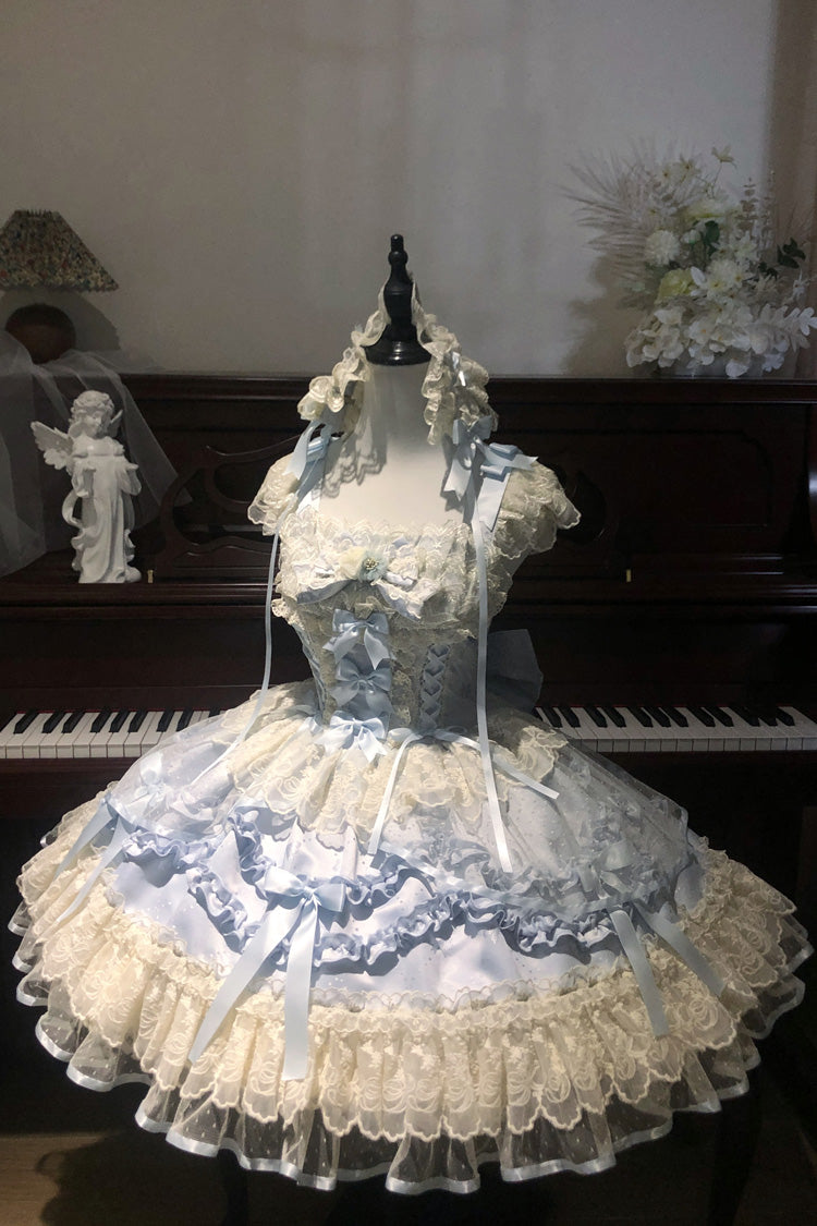 Blue [Dreaming Butterfly] Multi-Layered Jacquard Ruffle Bowknot Lace Sweet Princess Lolita Jsk Dress - Product - 9