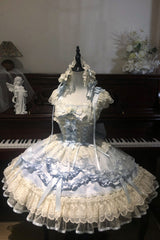 Blue [Dreaming Butterfly] Multi-Layered Jacquard Ruffle Bowknot Lace Sweet Princess Lolita Jsk Dress - Product - 9