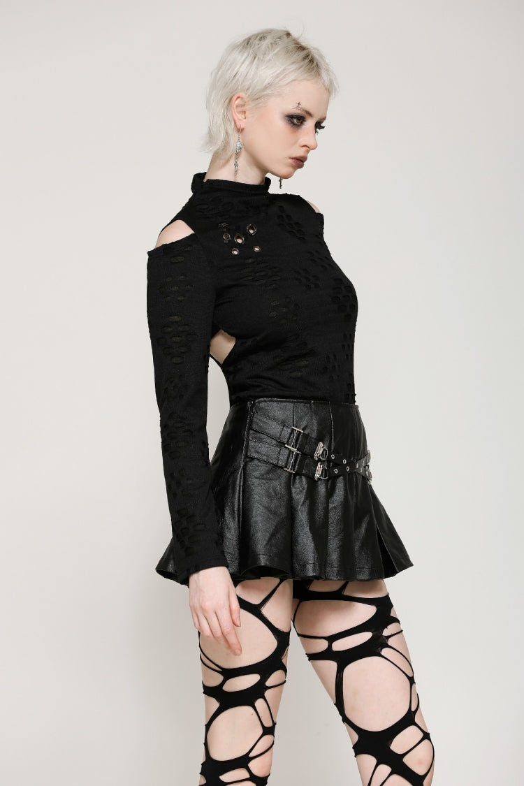 Black Long Sleeves Cut-Out Ripped Zippered Eyelets Women's Punk Distressed Top - Product - 5
