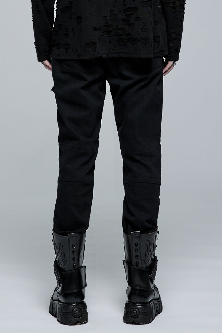 Black Faux Leather Stitching Metal Buttonhole Men's Steampunk Pants - Product - 3