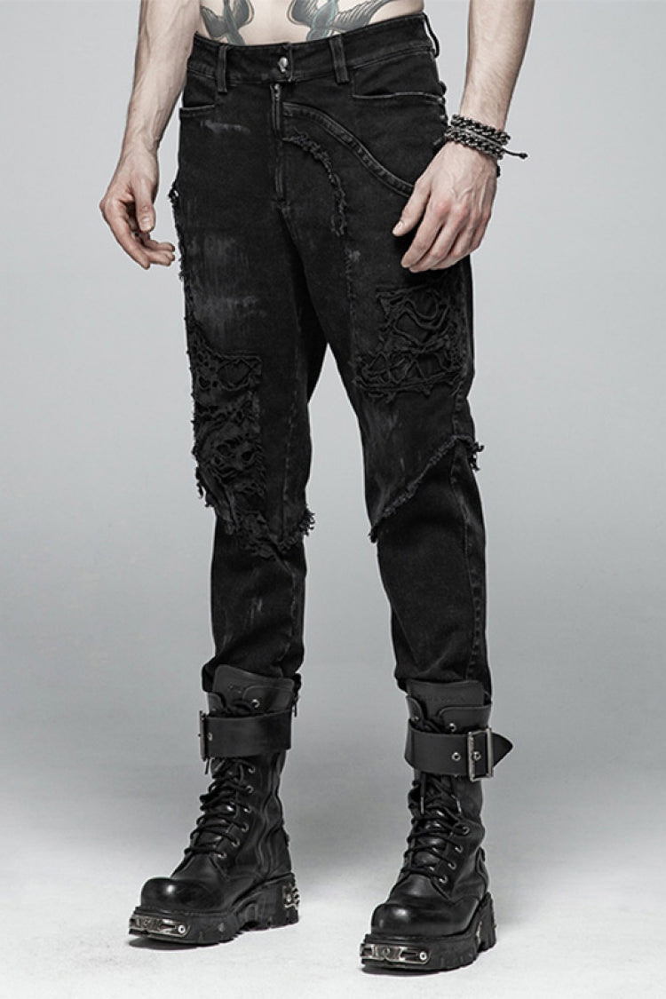 Black Ripped Men's Steampunk Straight-Leg Jeans Pants - Product - 2