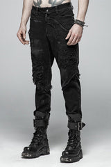 Black Ripped Men's Steampunk Straight-Leg Jeans Pants - Product - 2