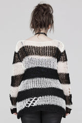 Round Collar Striped Print Irregular Ripped Women's Gothic Sweater 4 Colors - Product - 3