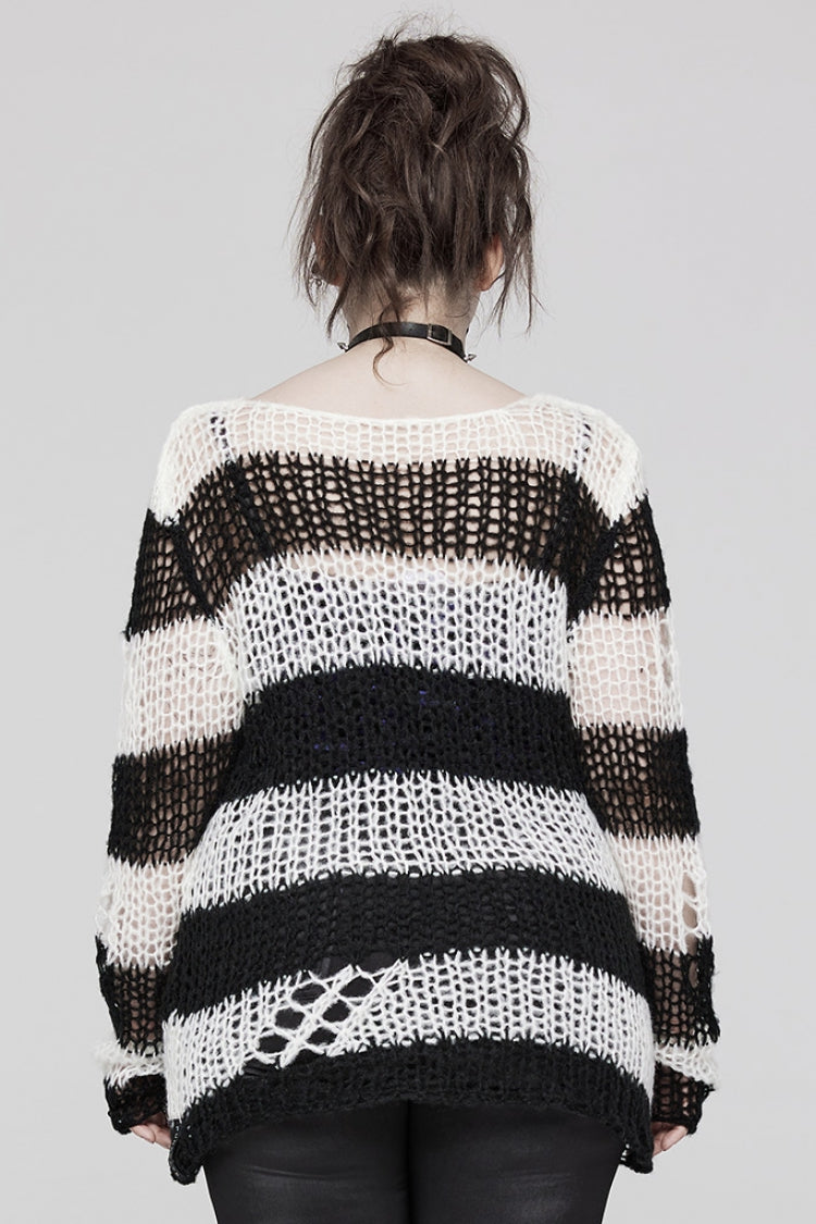Round Collar Striped Print Irregular Ripped Women's Gothic Sweater 4 Colors - Product - 3