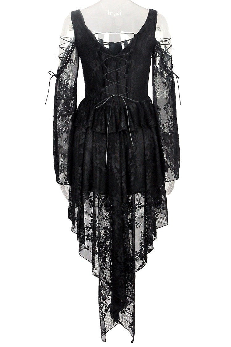 Black Square Collar Long Sleeves Overlay Embroidered Lace Women's Gothic Dress - Product - 17