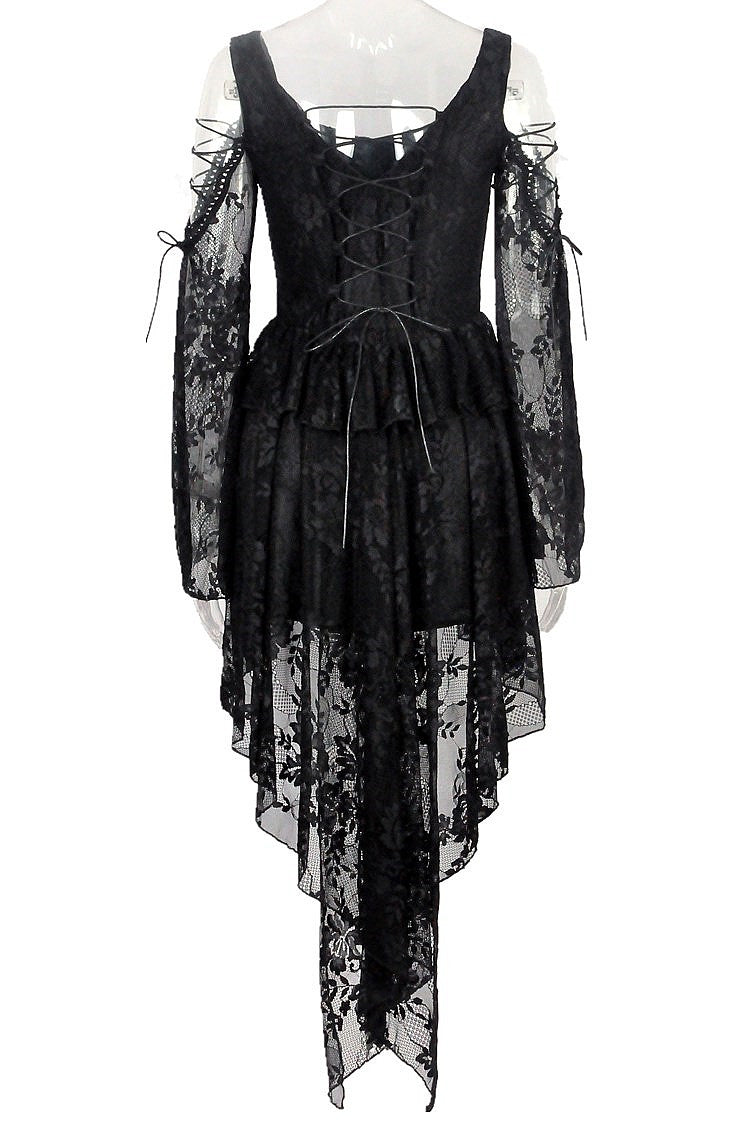 Black Square Collar Long Sleeves Overlay Embroidered Lace Women's Gothic Dress - Product - 17