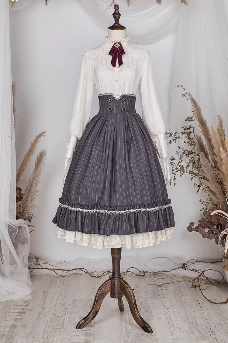 Multi-layer Striped Print Ruffle Sweet College Style Elegant Lolita Skirt 3 Colors - Grey - 23