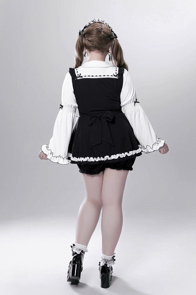 Black/White [Showcase Doll] Japanese Maid-Style Long Sleeves Ruffle Bowknot Jirai Kei Japanese Dress Shorts Set with Detachable Apron - Product - 13
