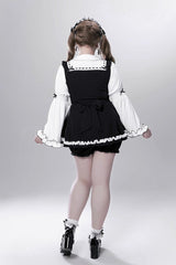 Black/White [Showcase Doll] Japanese Maid-Style Long Sleeves Ruffle Bowknot Jirai Kei Japanese Dress Shorts Set with Detachable Apron - Product - 13