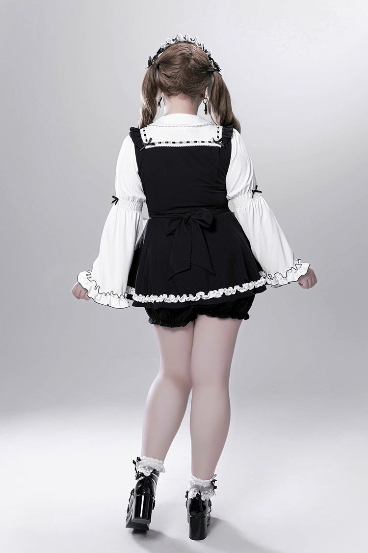 Black/White [Showcase Doll] Japanese Maid-Style Long Sleeves Ruffle Bowknot Jirai Kei Japanese Dress Shorts Set with Detachable Apron - Product - 13