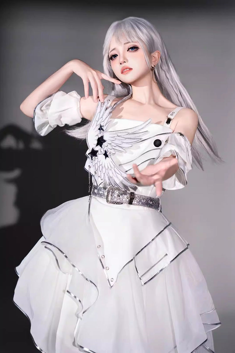 White [Silver Wings] Stand Collar Irregular Asymmetric Futuristic Style Punk Lolita Jsk Dress Set - Product - 6